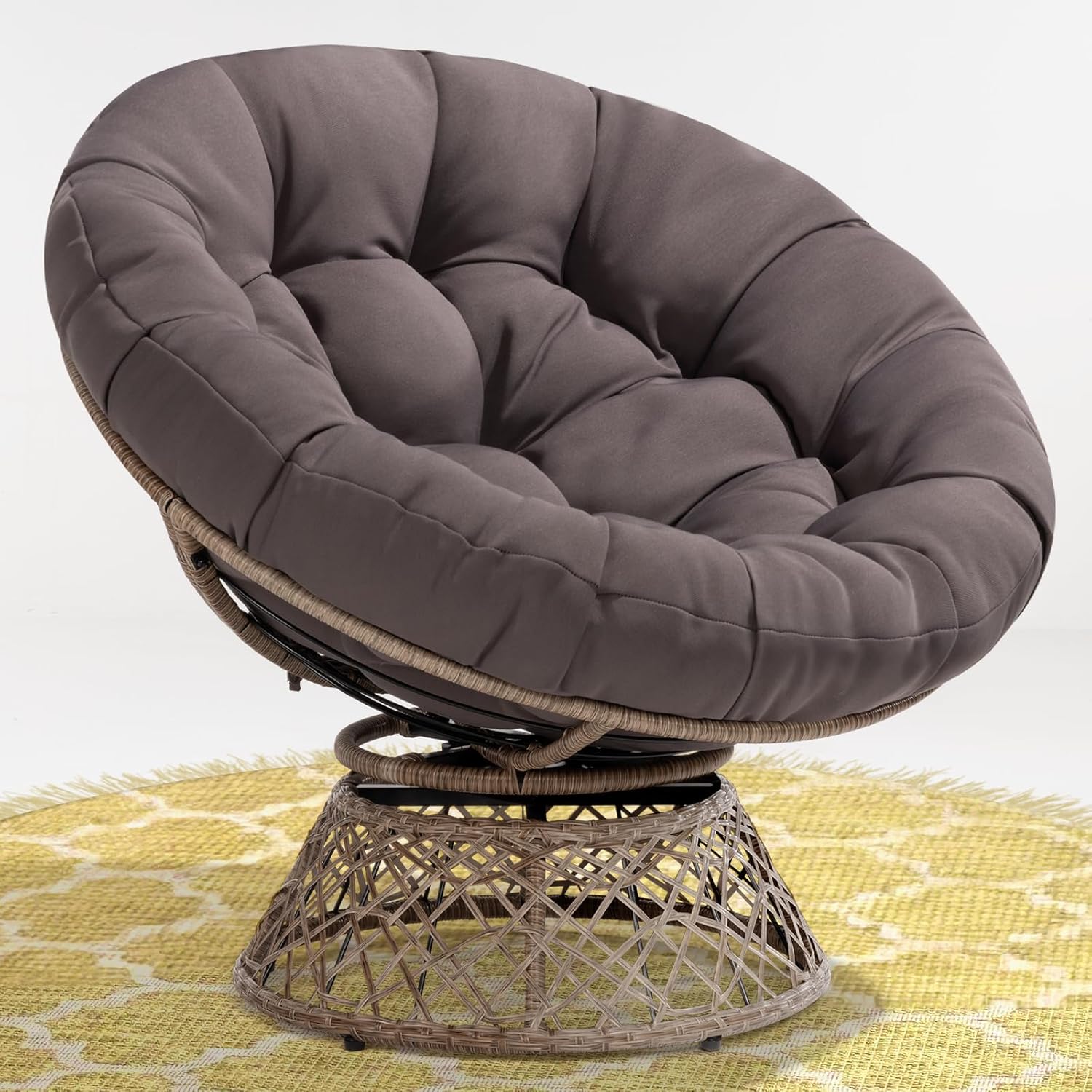 Bme 40" Ergonomic Wicker Papasan Chair with Soft Thick Density Fabric Cushion, High Capacity Steel Frame, 360 Degree Swivel for Living, Bedroom, Reading Room, Lounge - Grand Goldman
