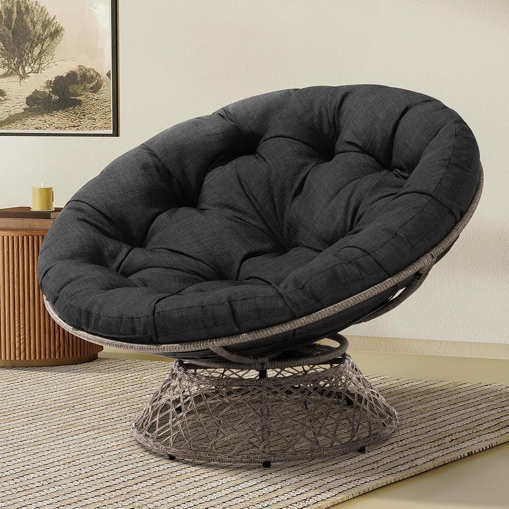 Bme 40" Ergonomic Wicker Papasan Chair with Soft Thick Density Fabric Cushion, High Capacity Steel Frame, 360 Degree Swivel for Living, Bedroom, Reading Room, Lounge - Grand Goldman