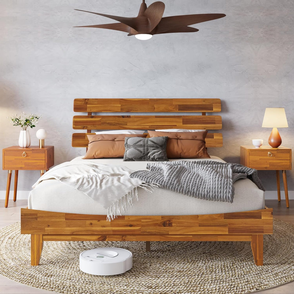 Bme Caden 15 Inch Deluxe Bed Frame with Adjustable Headboard - Mid Century, Retro Style with Acacia Wood - No Box Spring Needed - 12 Strong Wood Slat Support - Easy Assembly - Caramel, King - Grand Goldman