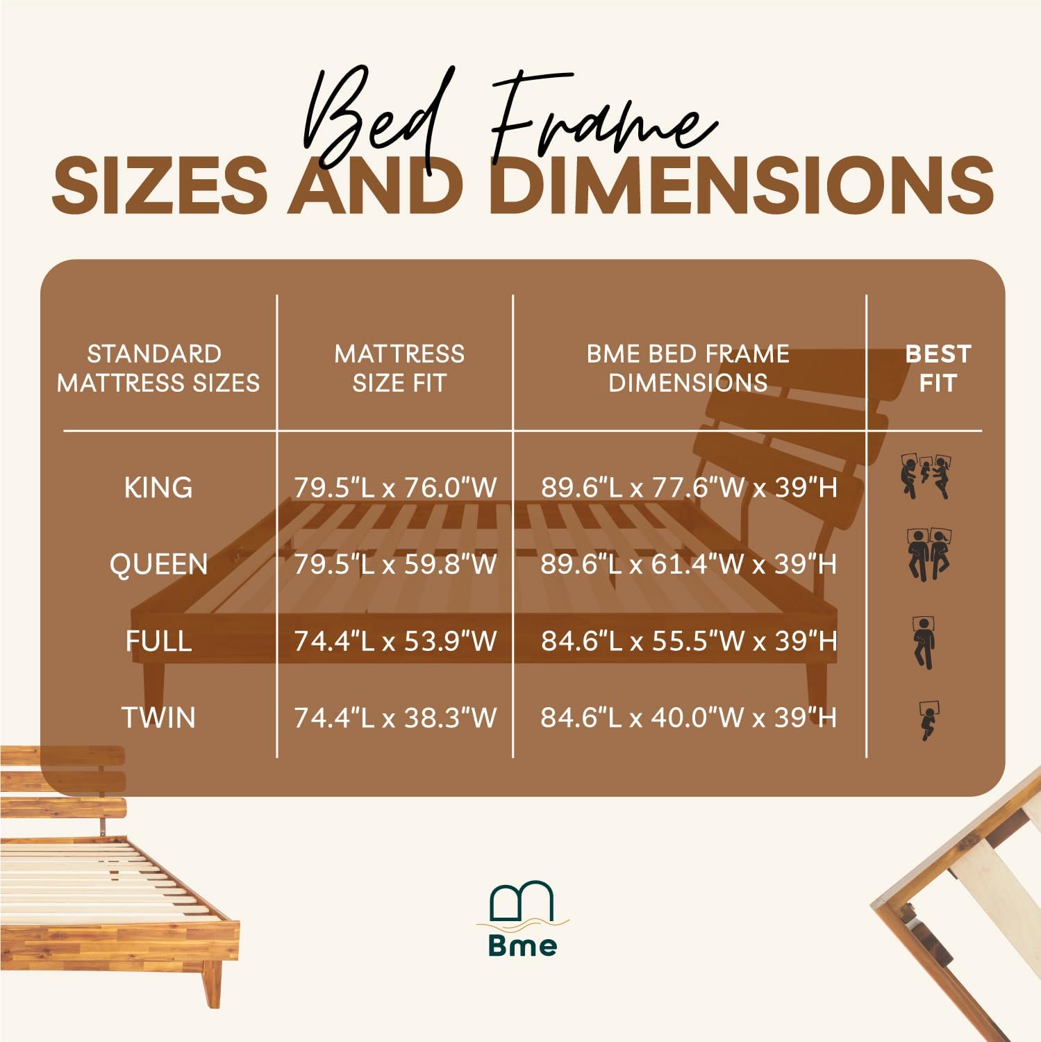 Bme Caden 15 Inch Deluxe Bed Frame with Adjustable Headboard - Mid Century, Retro Style with Acacia Wood - No Box Spring Needed - 12 Strong Wood Slat Support - Easy Assembly - Caramel, King - Grand Goldman