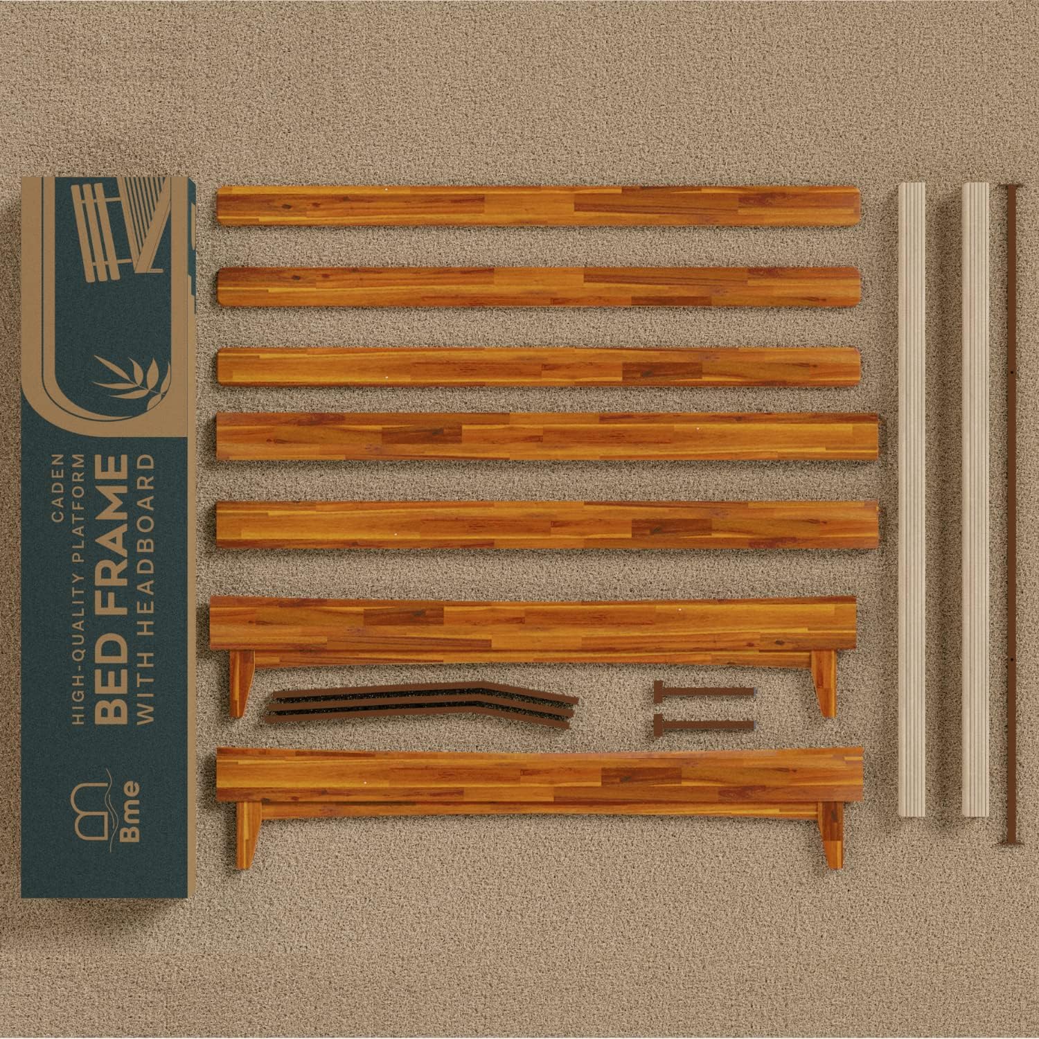 Bme Caden 15 Inch Deluxe Bed Frame with Adjustable Headboard - Mid Century, Retro Style with Acacia Wood - No Box Spring Needed - 12 Strong Wood Slat Support - Easy Assembly - Caramel, King - Grand Goldman