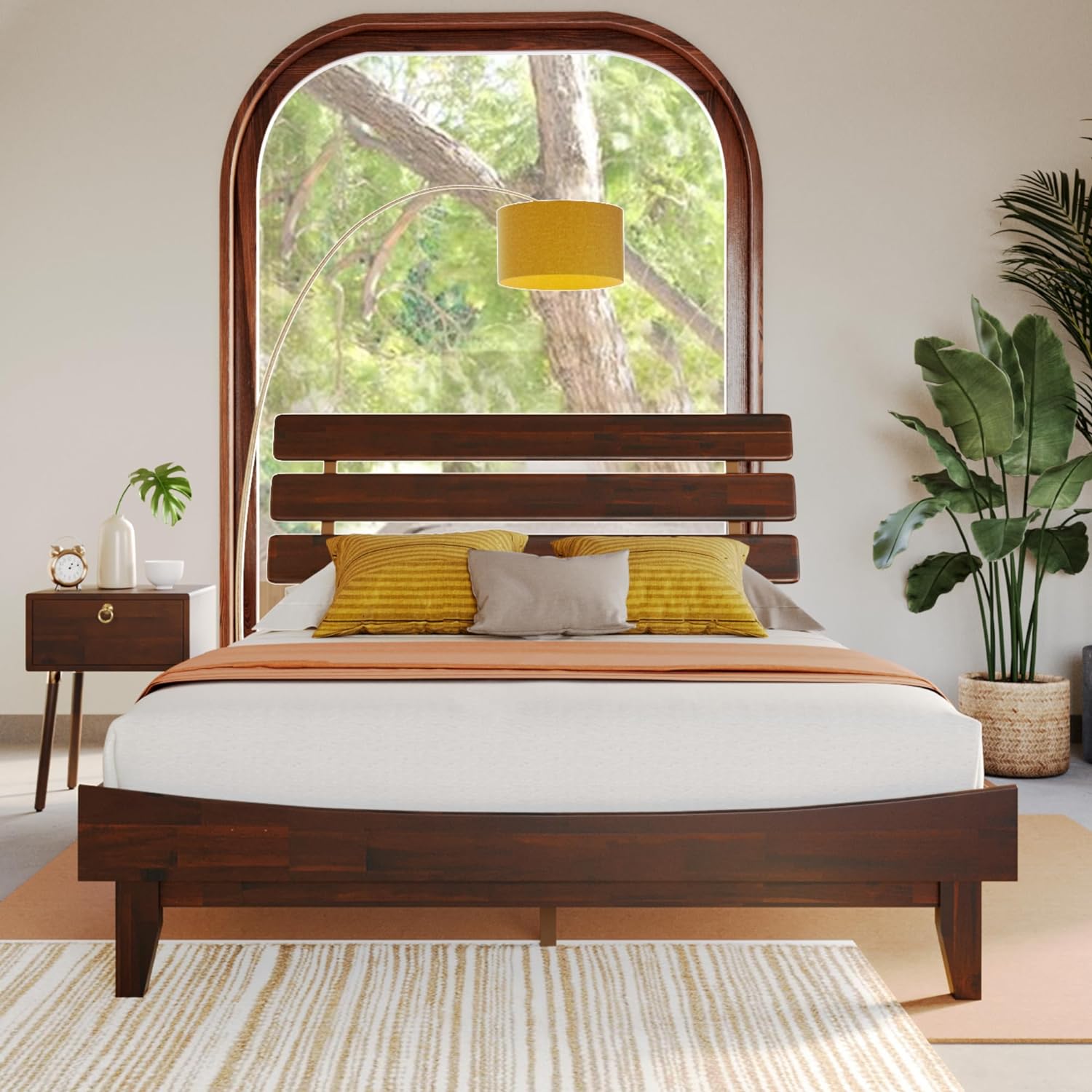 Bme Caden 15 Inch Deluxe Bed Frame with Adjustable Headboard - Mid Century, Retro Style with Acacia Wood - No Box Spring Needed - 12 Strong Wood Slat Support - Easy Assembly - Caramel, King - Grand Goldman