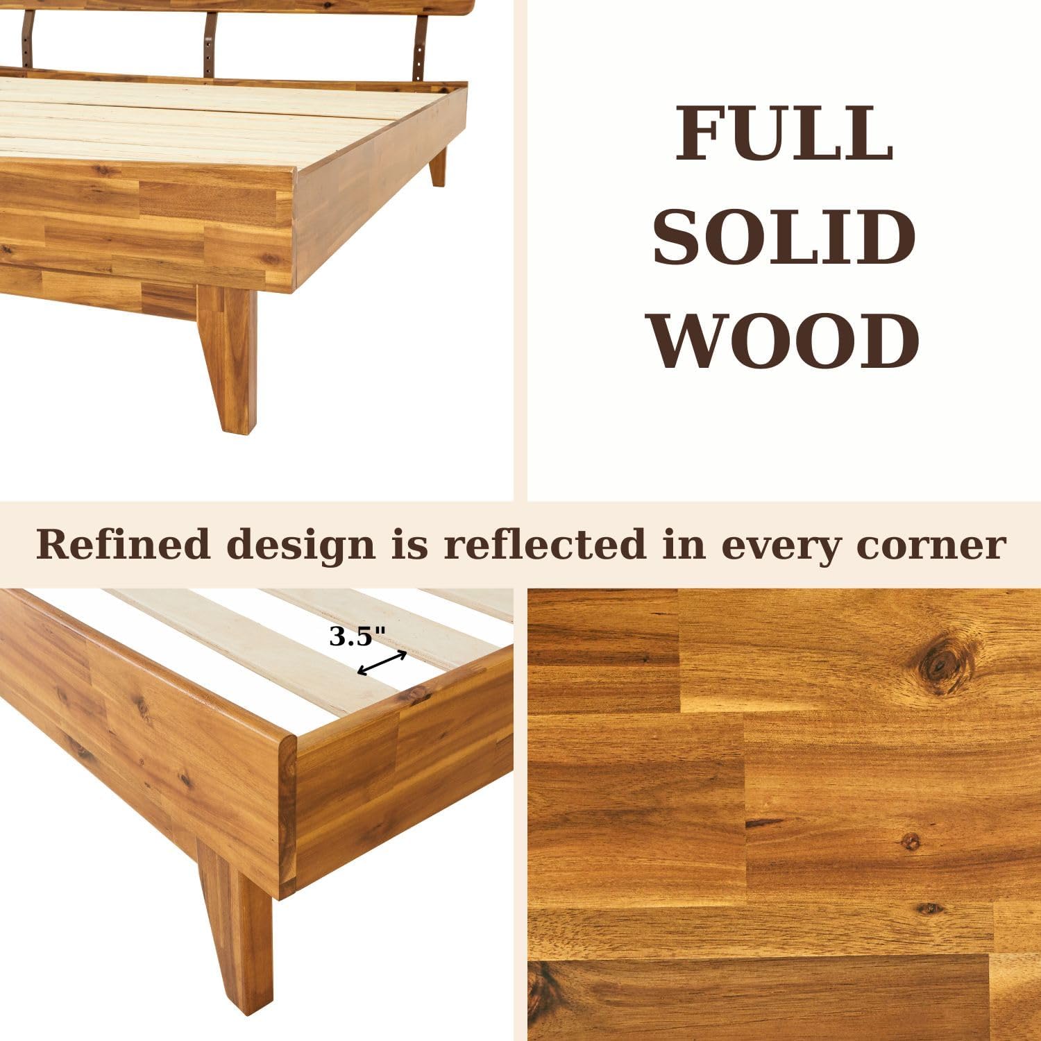 Bme Caden 15 Inch Deluxe Bed Frame with Adjustable Headboard - Mid Century, Retro Style with Acacia Wood - No Box Spring Needed - 12 Strong Wood Slat Support - Easy Assembly - Caramel, King - Grand Goldman