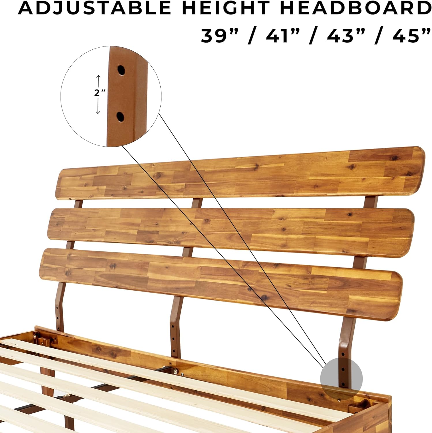 Bme Caden 15 Inch Deluxe Bed Frame with Adjustable Headboard - Mid Century, Retro Style with Acacia Wood - No Box Spring Needed - 12 Strong Wood Slat Support - Easy Assembly - Caramel, King - Grand Goldman