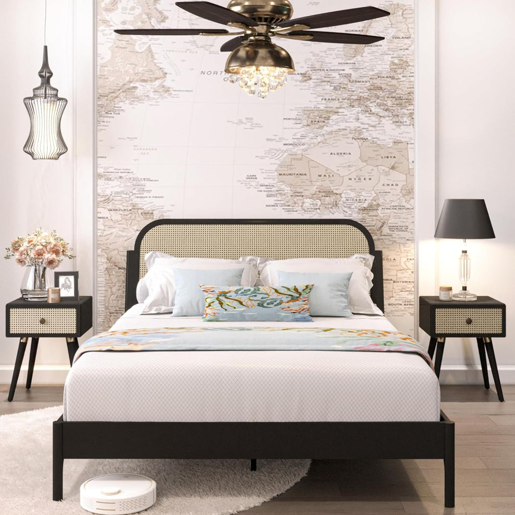 Bme Caden 15 Inch Deluxe Bed Frame with Adjustable Headboard - Mid Century, Retro Style with Acacia Wood - No Box Spring Needed - 12 Strong Wood Slat Support - Easy Assembly - Caramel, King - Grand Goldman