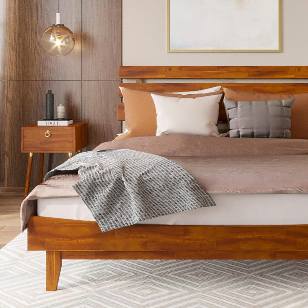 Bme Caden 15 Inch Deluxe Bed Frame with Adjustable Headboard - Mid Century, Retro Style with Acacia Wood - No Box Spring Needed - 12 Strong Wood Slat Support - Easy Assembly - Caramel, King - Grand Goldman