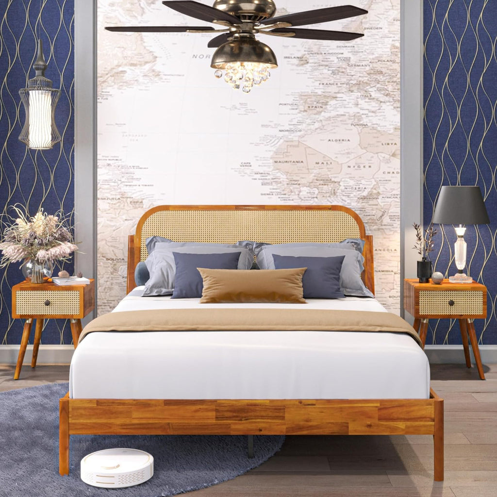 Bme Caden 15 Inch Deluxe Bed Frame with Adjustable Headboard - Mid Century, Retro Style with Acacia Wood - No Box Spring Needed - 12 Strong Wood Slat Support - Easy Assembly - Caramel, King - Grand Goldman