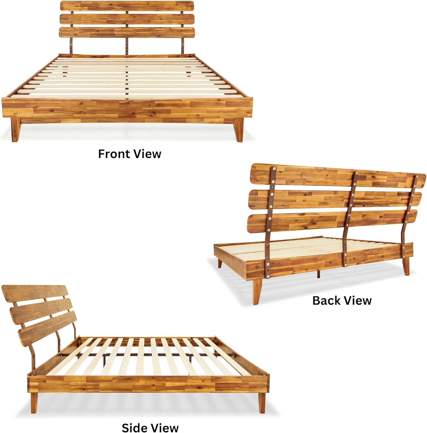 Bme Caden 15 Inch Deluxe Bed Frame with Adjustable Headboard - Mid Century, Retro Style with Acacia Wood - No Box Spring Needed - 12 Strong Wood Slat Support - Easy Assembly - Caramel, King - Grand Goldman