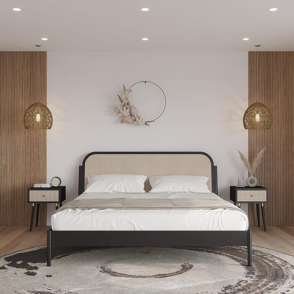 Bme Caden 15 Inch Deluxe Bed Frame with Adjustable Headboard - Mid Century, Retro Style with Acacia Wood - No Box Spring Needed - 12 Strong Wood Slat Support - Easy Assembly - Caramel, King - Grand Goldman