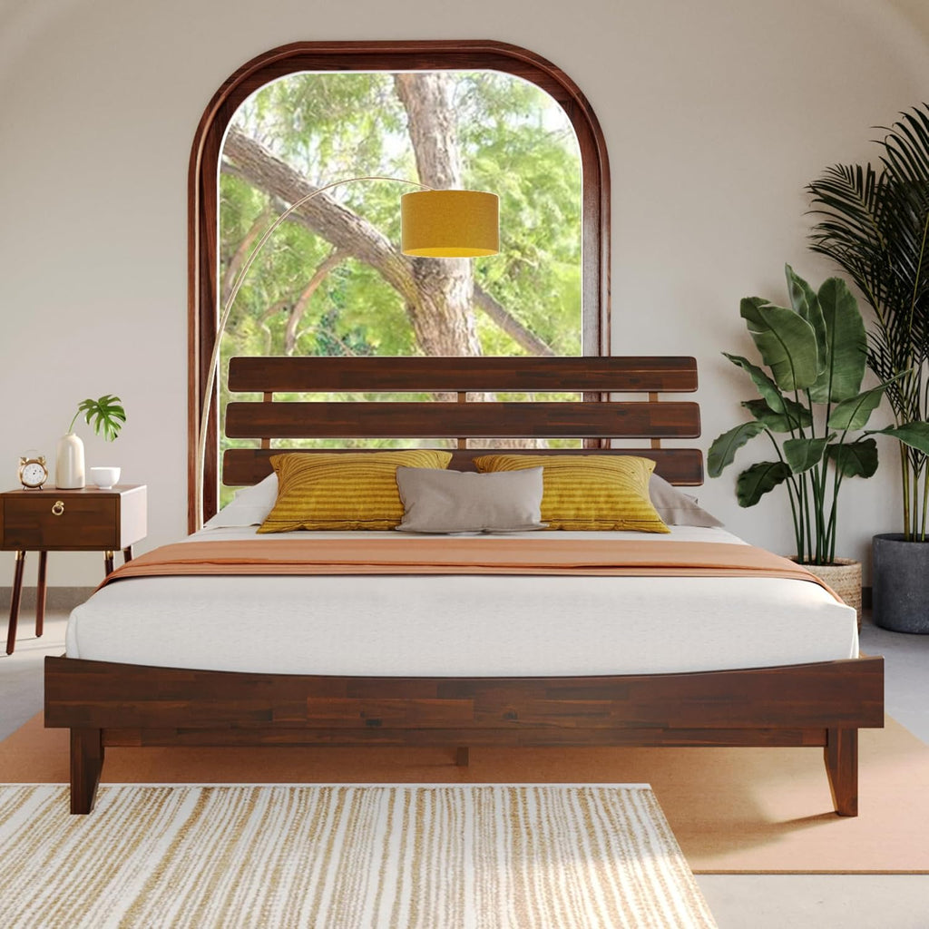 Bme Caden 15 Inch Deluxe Bed Frame with Adjustable Headboard - Mid Century, Retro Style with Acacia Wood - No Box Spring Needed - 12 Strong Wood Slat Support - Easy Assembly - Caramel, King - Grand Goldman