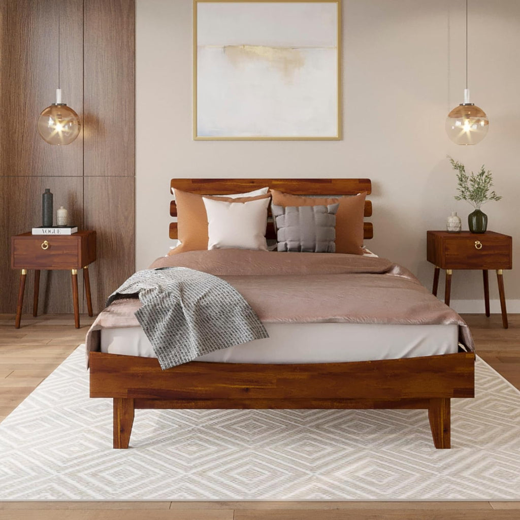 Bme Caden 15 Inch Deluxe Bed Frame with Adjustable Headboard - Mid Century, Retro Style with Acacia Wood - No Box Spring Needed - 12 Strong Wood Slat Support - Easy Assembly - Caramel, King - Grand Goldman