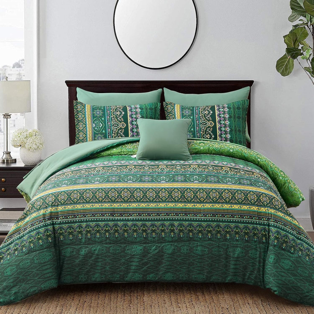 Boho Comforter Set Queen Size 8 Piece Bed in a Bag Bohemian Striped Bedding Quilt Set Aqua Paisley Floral Comforter and Sheet Set,Soft Microfiber Complete Bedding Sets for All Season - Grand Goldman