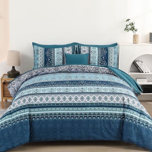 Boho Comforter Set Queen Size 8 Piece Bed in a Bag Bohemian Striped Bedding Quilt Set Aqua Paisley Floral Comforter and Sheet Set,Soft Microfiber Complete Bedding Sets for All Season - Grand Goldman