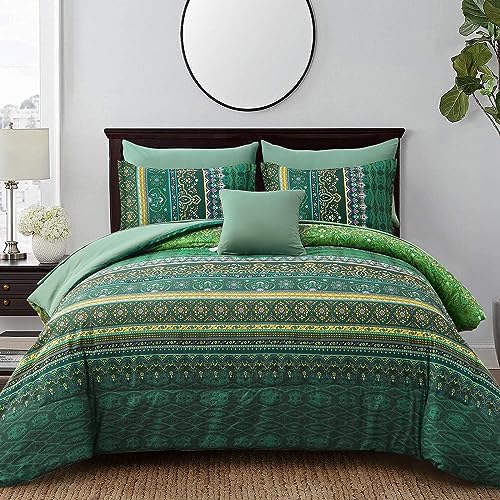 Boho Comforter Set Queen Size 8 Piece Bed in a Bag Bohemian Striped Bedding Quilt Set Aqua Paisley Floral Comforter and Sheet Set,Soft Microfiber Complete Bedding Sets for All Season - Grand Goldman
