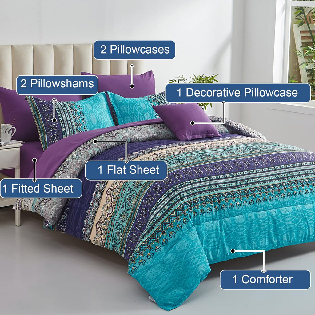 Boho Comforter Set Queen Size 8 Piece Bed in a Bag Bohemian Striped Bedding Quilt Set Aqua Paisley Floral Comforter and Sheet Set,Soft Microfiber Complete Bedding Sets for All Season - Grand Goldman