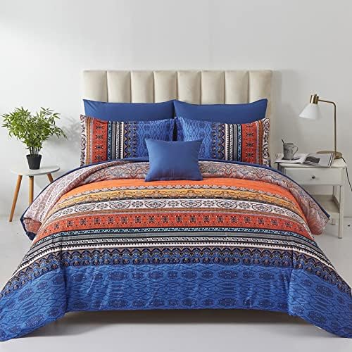 Boho Comforter Set Queen Size 8 Piece Bed in a Bag Bohemian Striped Bedding Quilt Set Aqua Paisley Floral Comforter and Sheet Set,Soft Microfiber Complete Bedding Sets for All Season - Grand Goldman