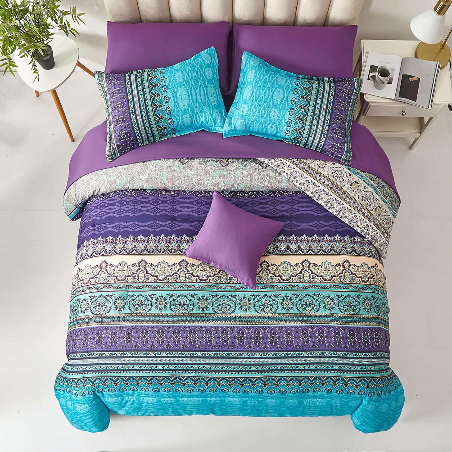 Boho Comforter Set Queen Size 8 Piece Bed in a Bag Bohemian Striped Bedding Quilt Set Aqua Paisley Floral Comforter and Sheet Set,Soft Microfiber Complete Bedding Sets for All Season - Grand Goldman