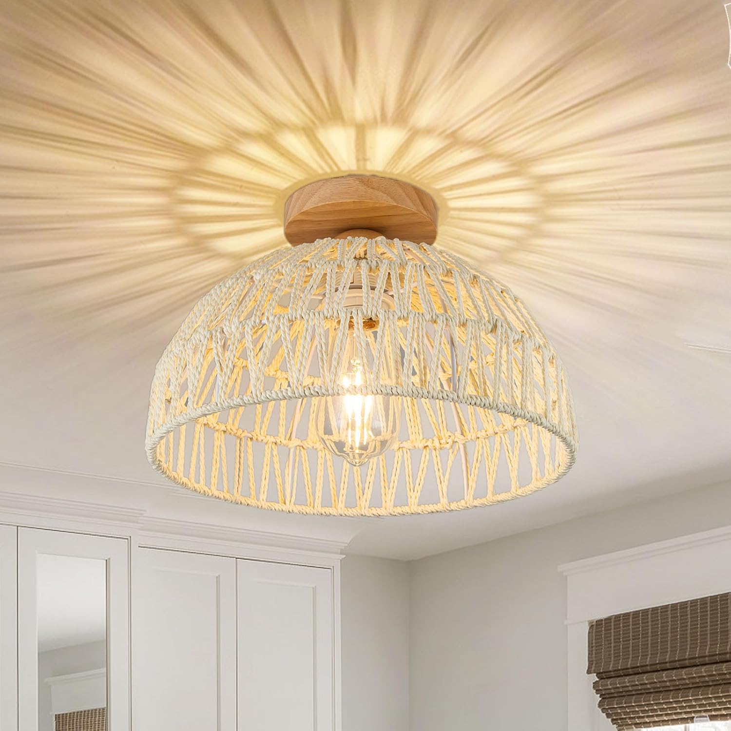 Boho Light Fixture Ceiling Rattan Chandelier Boho Ceiling Lamp Flush Mount Ceiling Light Bedroom Chandelier Hand-Woven Lamp Shade Wooden Base Small Chandelier for Hallway Nursery Kitchen Chandelier - Grand Goldman