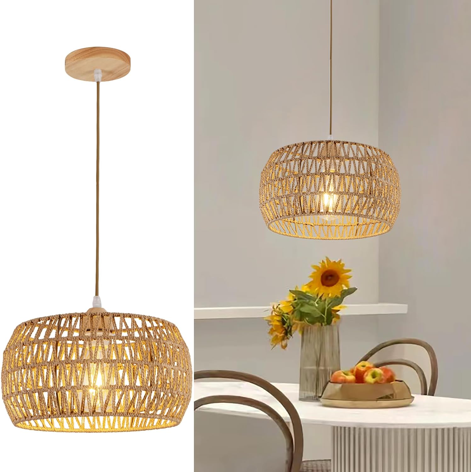 Boho Light Fixture Ceiling Rattan Chandelier Boho Ceiling Lamp Flush Mount Ceiling Light Bedroom Chandelier Hand-Woven Lamp Shade Wooden Base Small Chandelier for Hallway Nursery Kitchen Chandelier - Grand Goldman