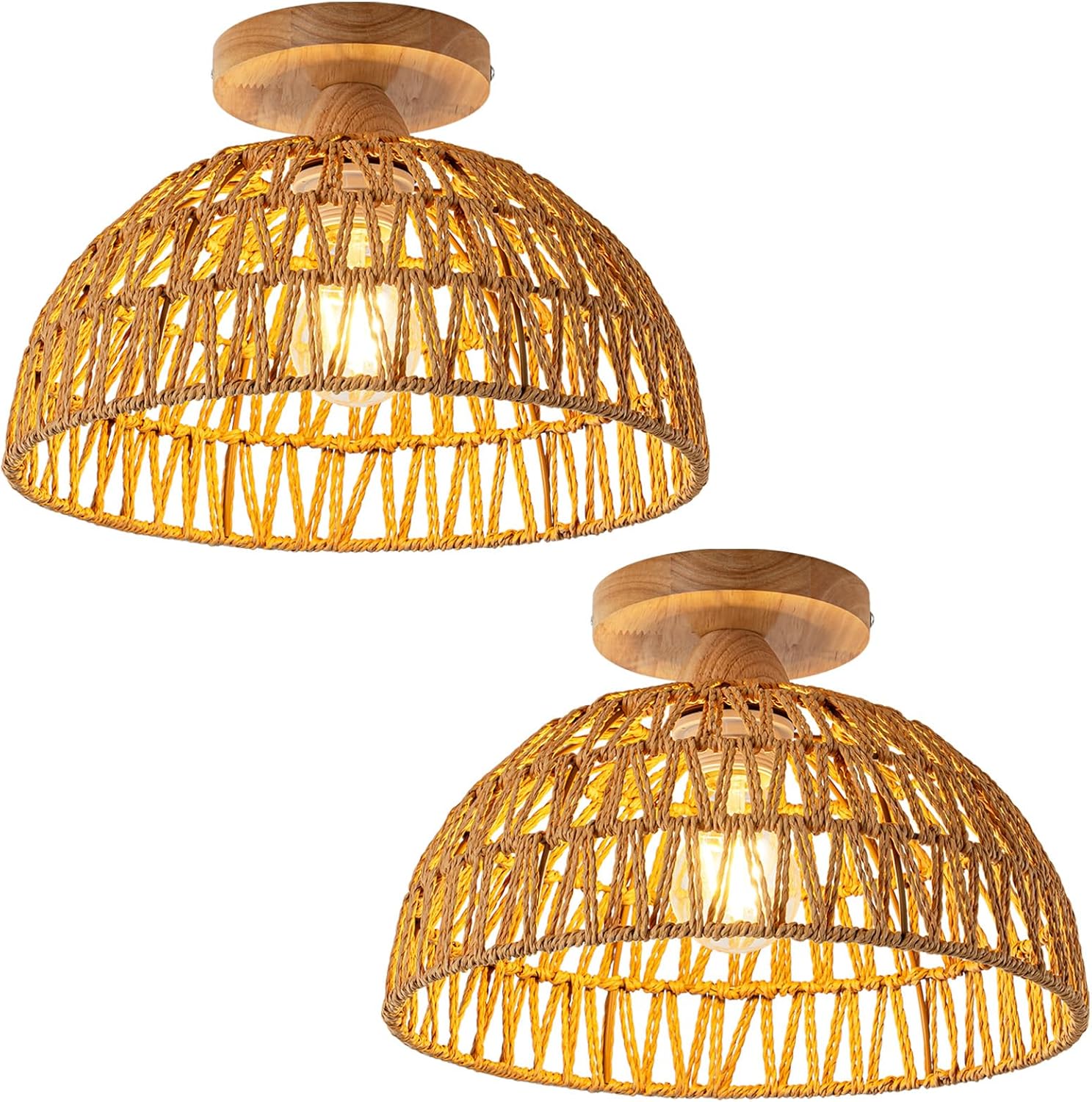 Boho Light Fixture Ceiling Rattan Chandelier Boho Ceiling Lamp Flush Mount Ceiling Light Bedroom Chandelier Hand-Woven Lamp Shade Wooden Base Small Chandelier for Hallway Nursery Kitchen Chandelier - Grand Goldman