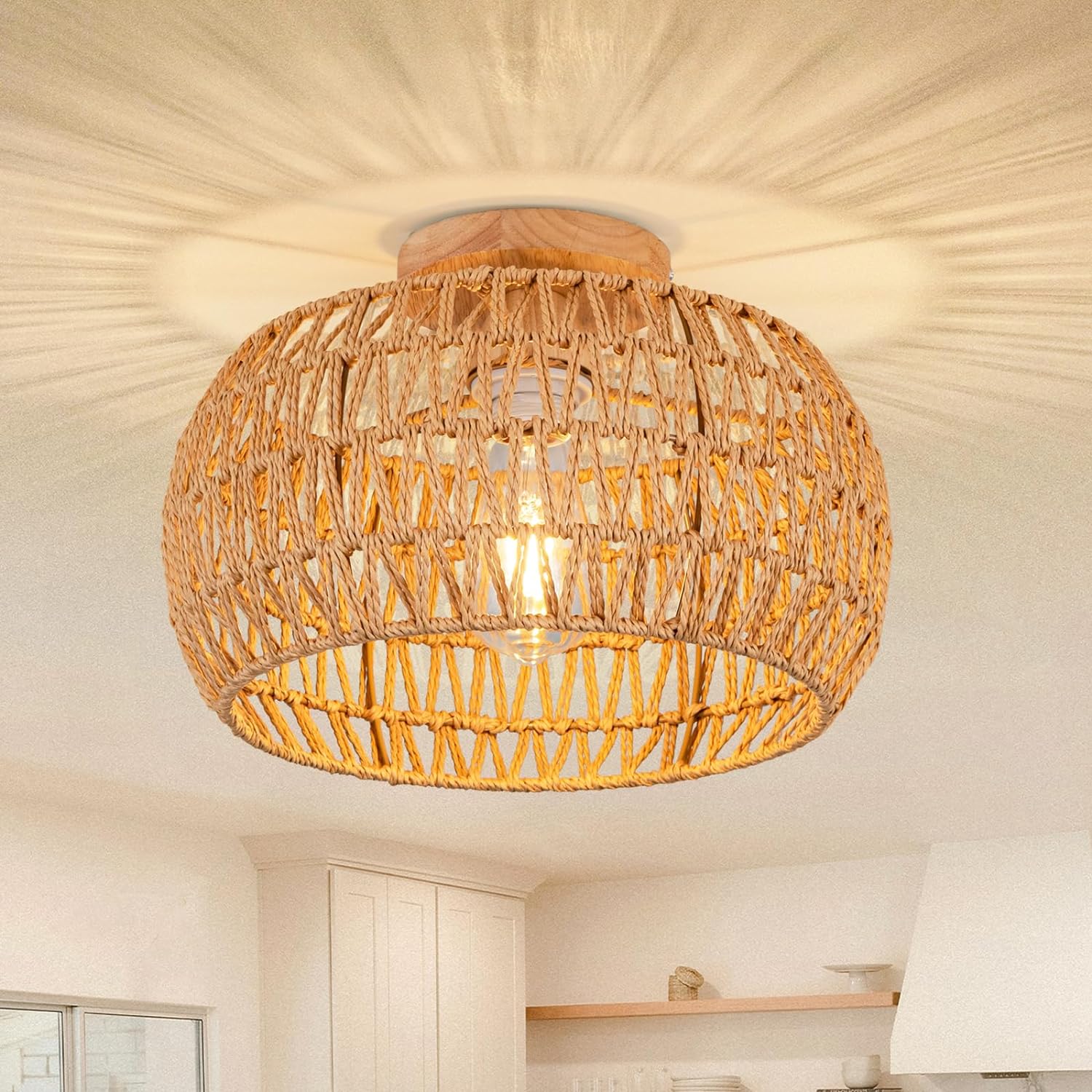 Boho Light Fixture Ceiling Rattan Chandelier Boho Ceiling Lamp Flush Mount Ceiling Light Bedroom Chandelier Hand-Woven Lamp Shade Wooden Base Small Chandelier for Hallway Nursery Kitchen Chandelier - Grand Goldman
