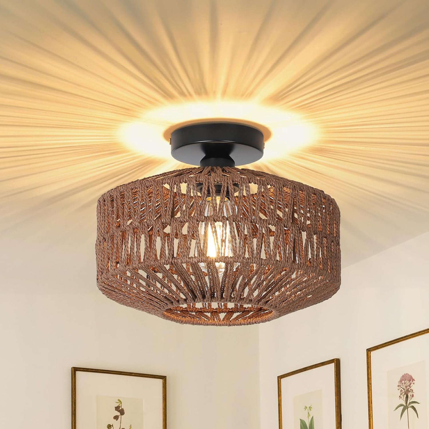 Boho Light Fixtures Ceiling Mount,Mini Rattan Chandelier Light Fixture with Dimmable LED Bulb,Hand Woven Ceiling Light Fixtures Flush Mount for Hallway Bedroom Kitchen Entryway Living Room - Grand Goldman
