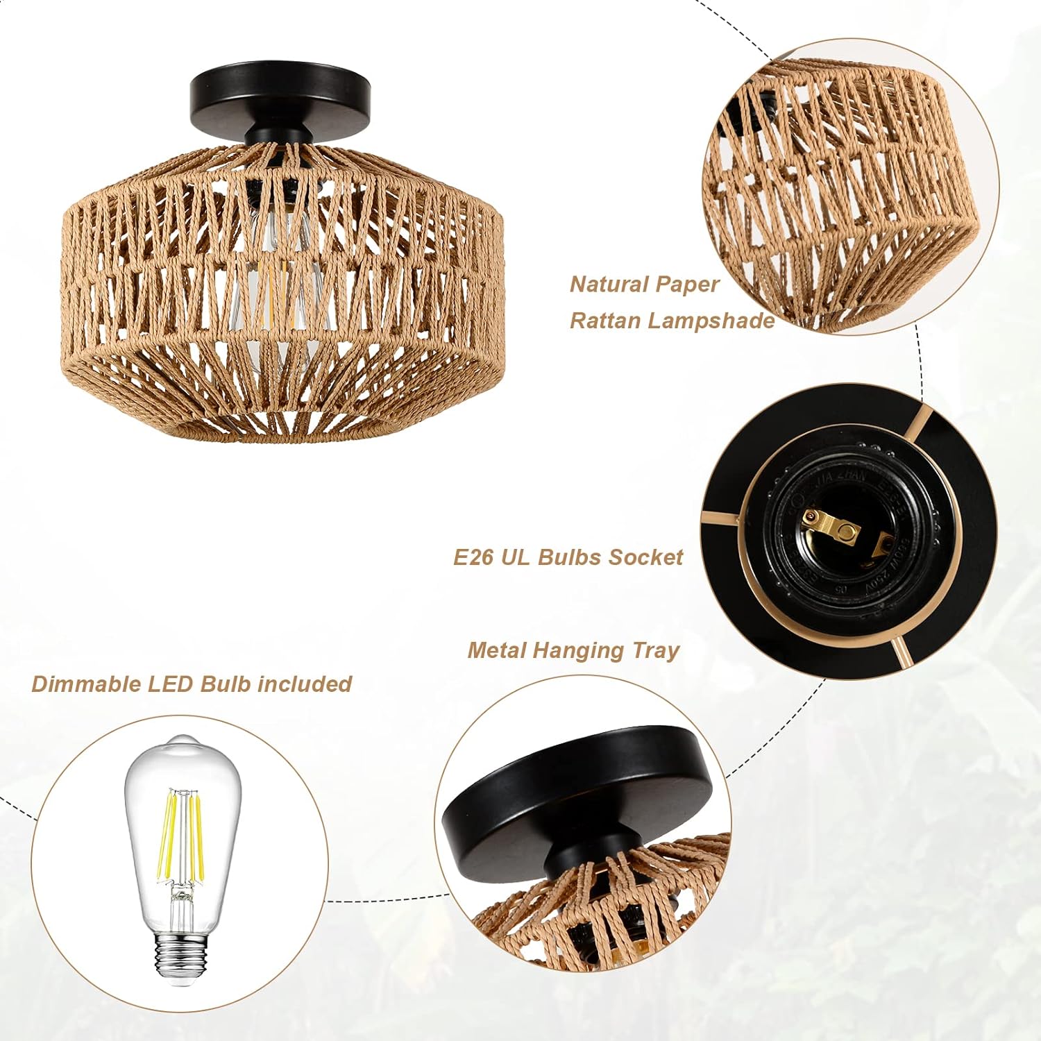Boho Light Fixtures Ceiling Mount,Mini Rattan Chandelier Light Fixture with Dimmable LED Bulb,Hand Woven Ceiling Light Fixtures Flush Mount for Hallway Bedroom Kitchen Entryway Living Room - Grand Goldman