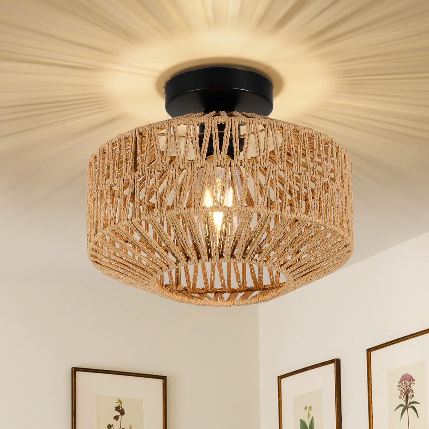 Boho Light Fixtures Ceiling Mount,Mini Rattan Chandelier Light Fixture with Dimmable LED Bulb,Hand Woven Ceiling Light Fixtures Flush Mount for Hallway Bedroom Kitchen Entryway Living Room - Grand Goldman