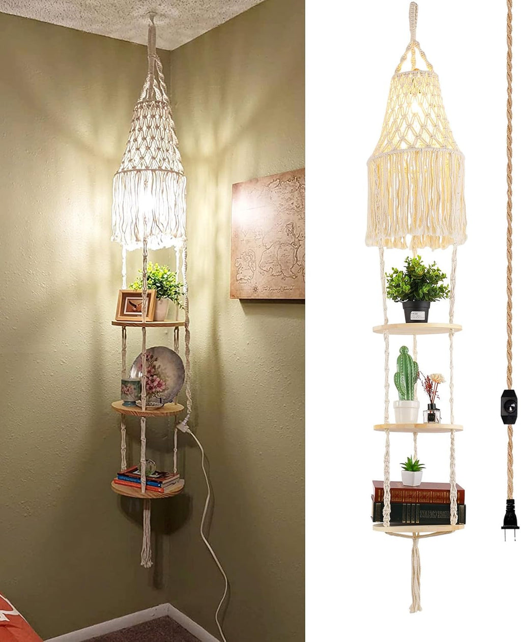 Boho Plug in Pendant Light Hanging Light with Plug in Cord,Dimmable Switch Hanging Lamp Macrame Lamp Shade and Hanging Plant Holder Shelf Indoor for Bohemian Decor Bedroom Corner Living Room - Grand Goldman