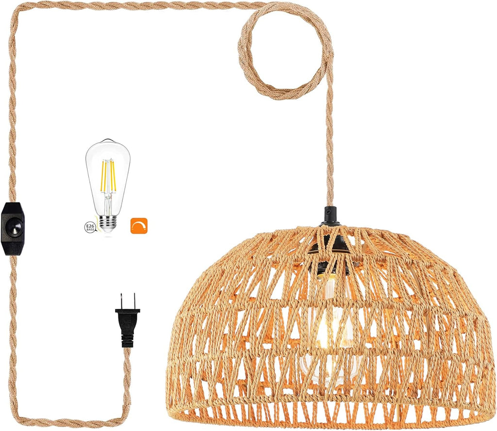 Boho Plug in Pendant Light Hanging Light with Plug in Cord,Dimmable Switch Hanging Lamp Macrame Lamp Shade and Hanging Plant Holder Shelf Indoor for Bohemian Decor Bedroom Corner Living Room - Grand Goldman