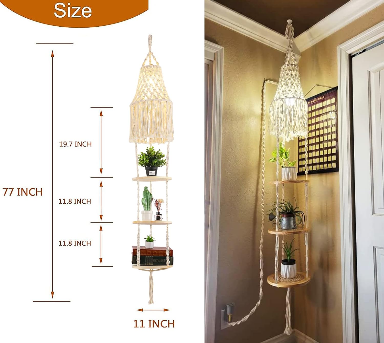 Boho Plug in Pendant Light Hanging Light with Plug in Cord,Dimmable Switch Hanging Lamp Macrame Lamp Shade and Hanging Plant Holder Shelf Indoor for Bohemian Decor Bedroom Corner Living Room - Grand Goldman