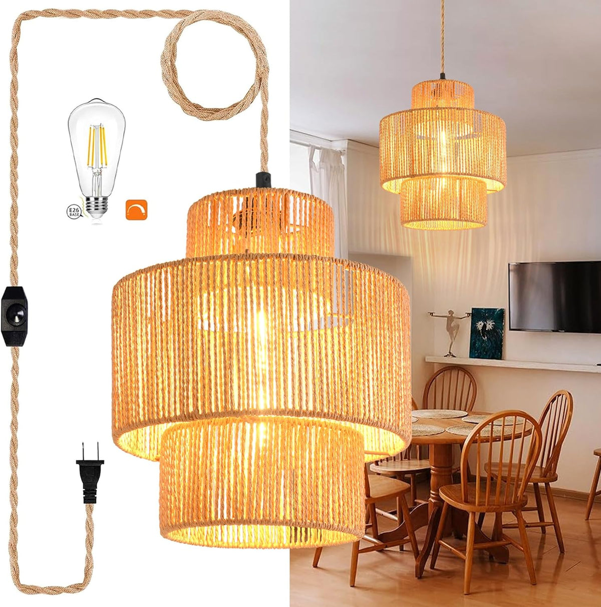 Boho Plug in Pendant Light Rattan Hanging Lights with Plug in Cord,Indoor Hanging Lamp with Dimmer Switch,Wicker Bamboo Woven LampShade Hanging Lamp Plug in for Bedroom Living Room Kitchen Island - Grand Goldman