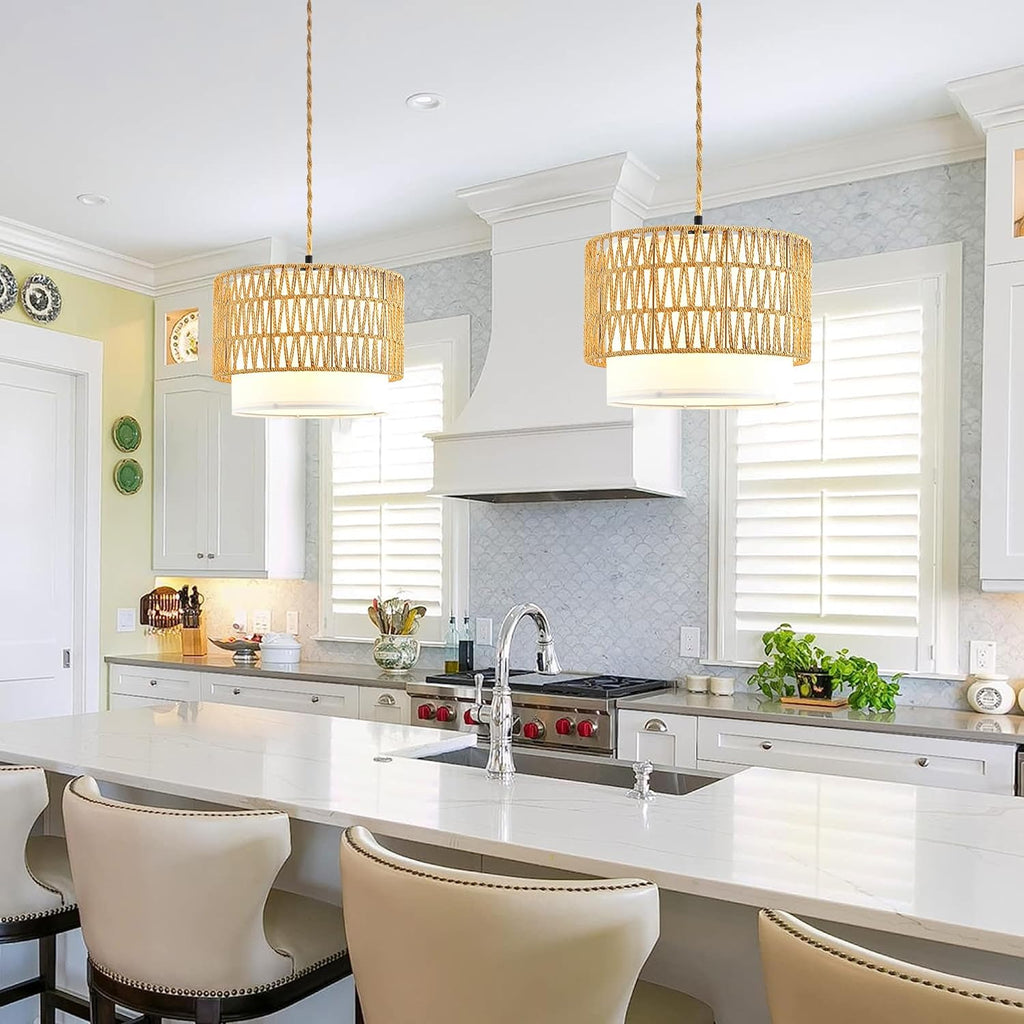 Boho Plug in Pendant Light Rattan Hanging Lights with Plug in Cord,Indoor Hanging Lamp with Dimmer Switch,Wicker Bamboo Woven LampShade Hanging Lamp Plug in for Bedroom Living Room Kitchen Island - Grand Goldman