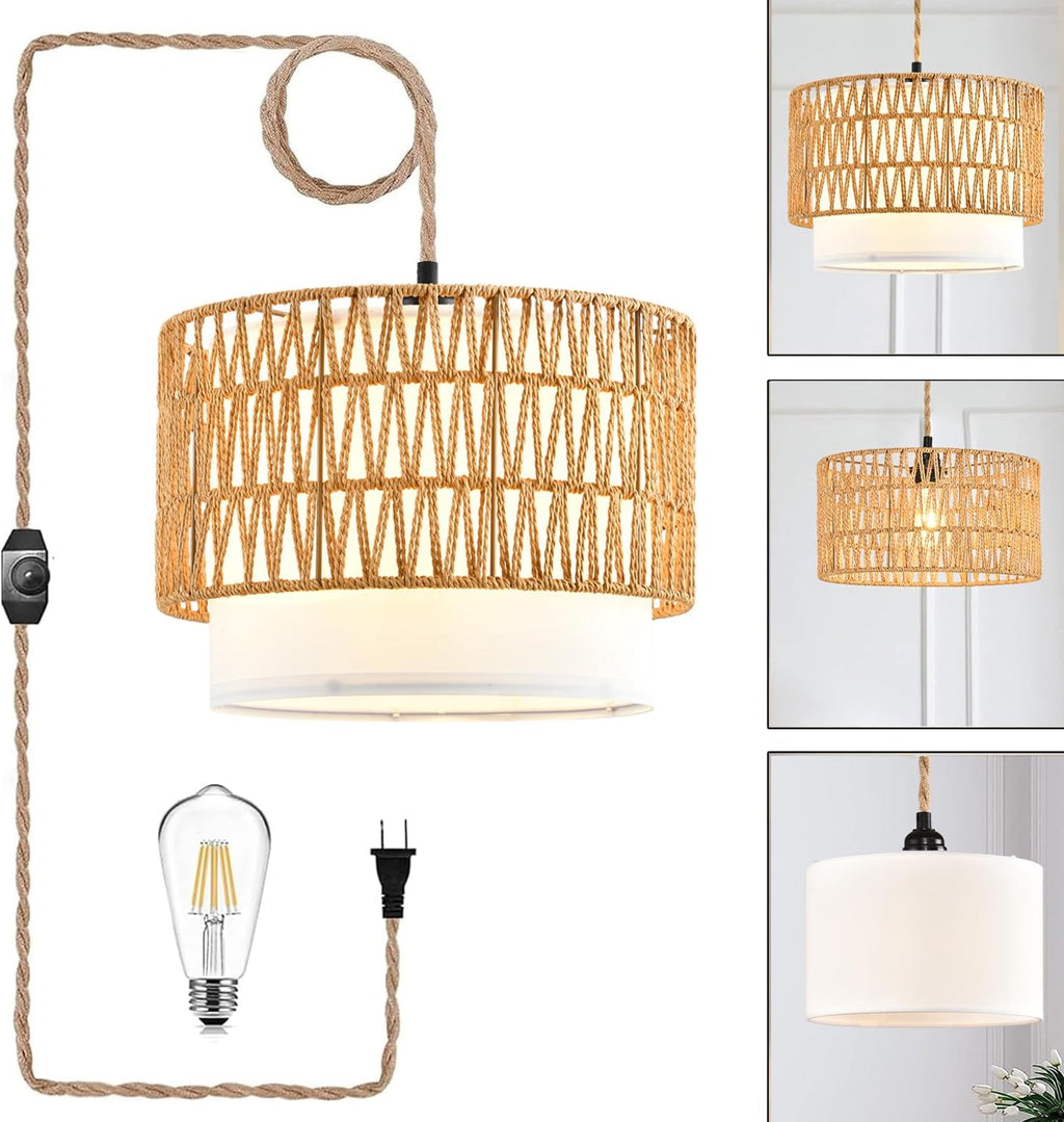 Boho Plug in Pendant Light Rattan Hanging Lights with Plug in Cord,Indoor Hanging Lamp with Dimmer Switch,Wicker Bamboo Woven LampShade Hanging Lamp Plug in for Bedroom Living Room Kitchen Island - Grand Goldman