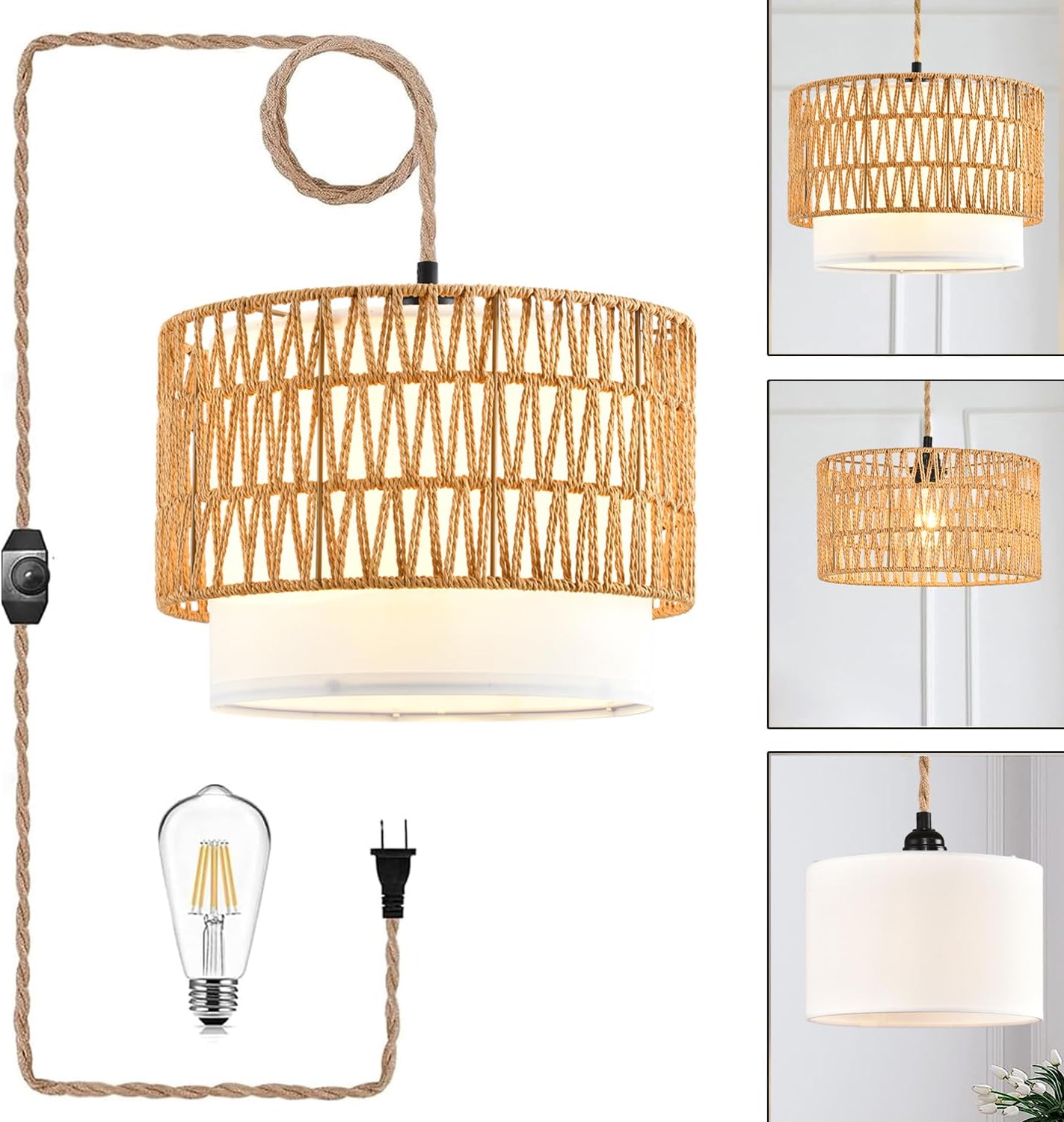Boho Plug in Pendant Light Rattan Hanging Lights with Plug in Cord,Indoor Hanging Lamp with Dimmer Switch,Wicker Bamboo Woven LampShade Hanging Lamp Plug in for Bedroom Living Room Kitchen Island - Grand Goldman