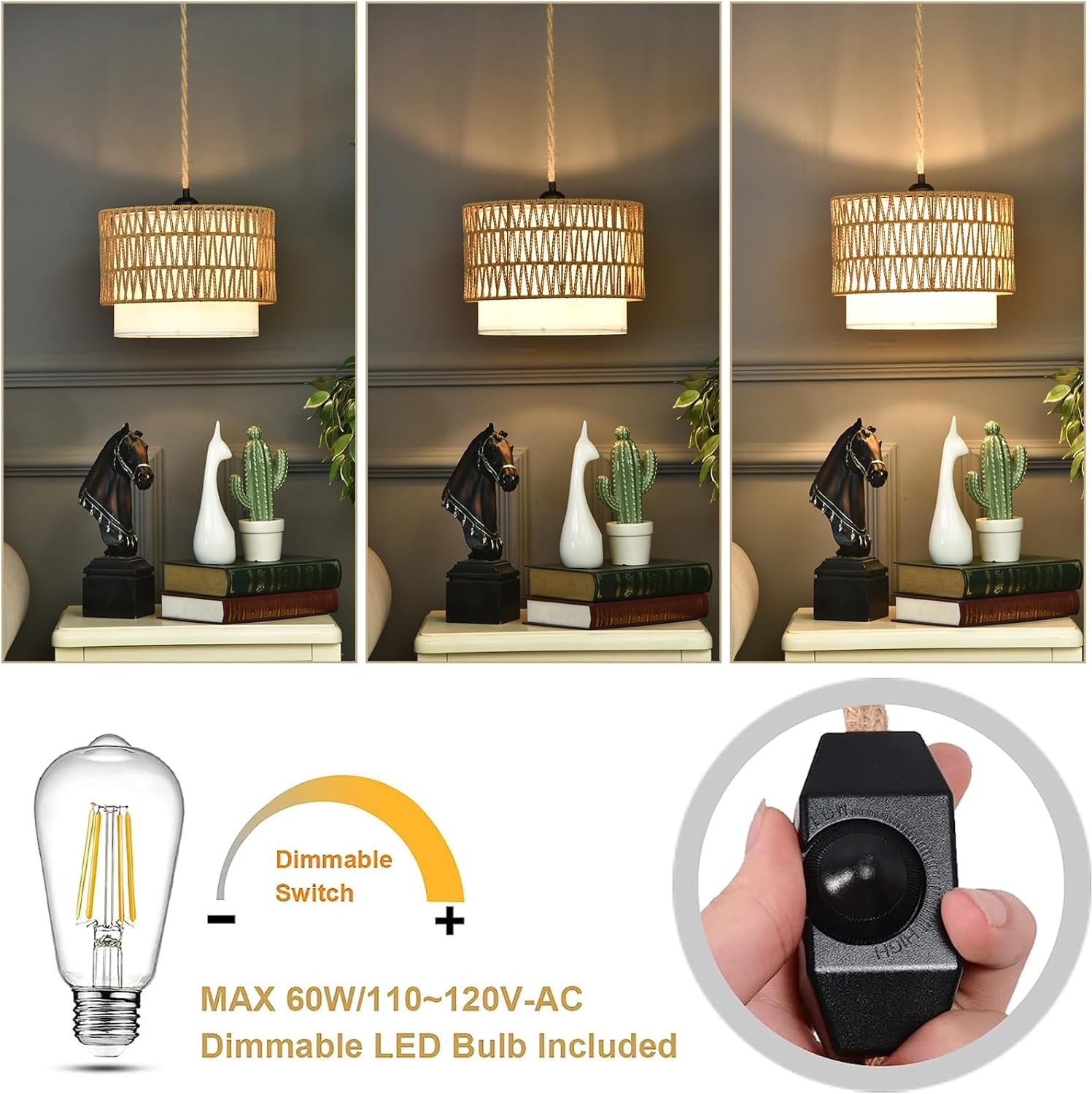 Boho Plug in Pendant Light Rattan Hanging Lights with Plug in Cord,Indoor Hanging Lamp with Dimmer Switch,Wicker Bamboo Woven LampShade Hanging Lamp Plug in for Bedroom Living Room Kitchen Island - Grand Goldman