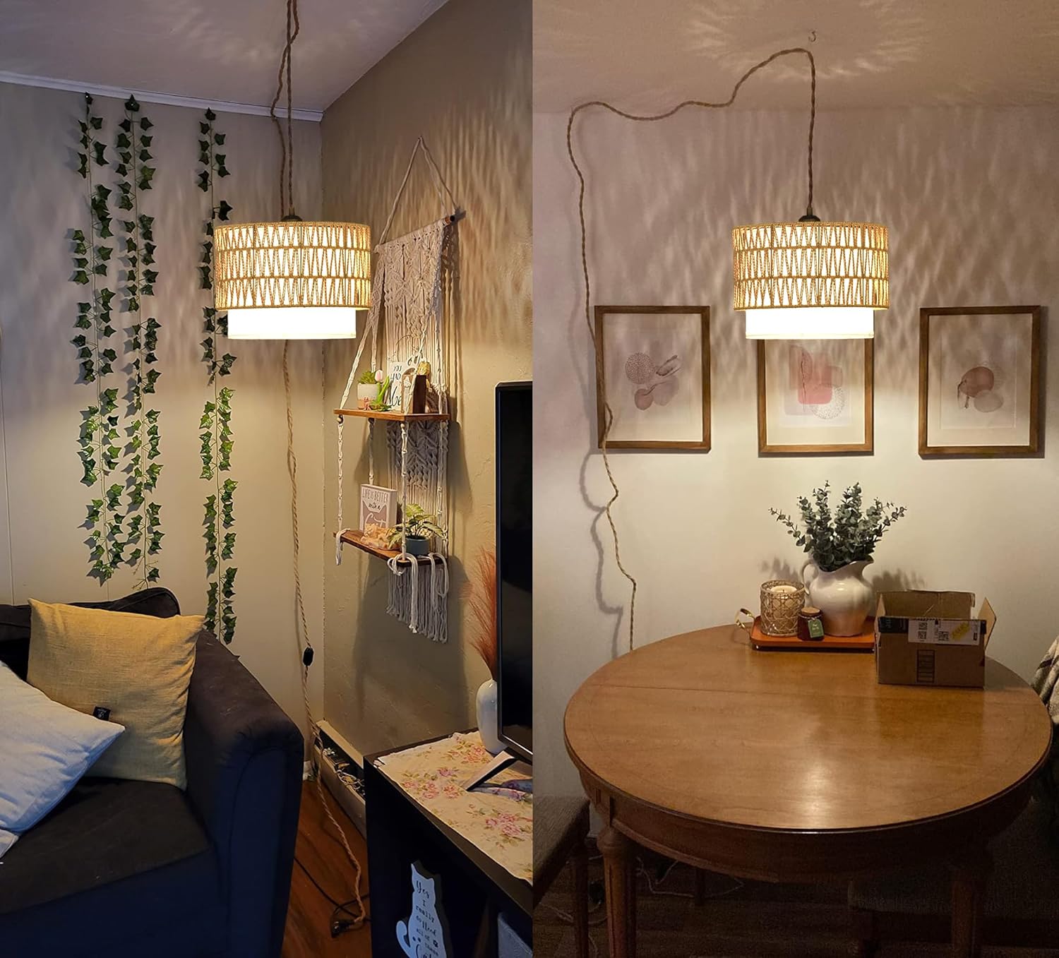 Boho Plug in Pendant Light Rattan Hanging Lights with Plug in Cord,Indoor Hanging Lamp with Dimmer Switch,Wicker Bamboo Woven LampShade Hanging Lamp Plug in for Bedroom Living Room Kitchen Island - Grand Goldman