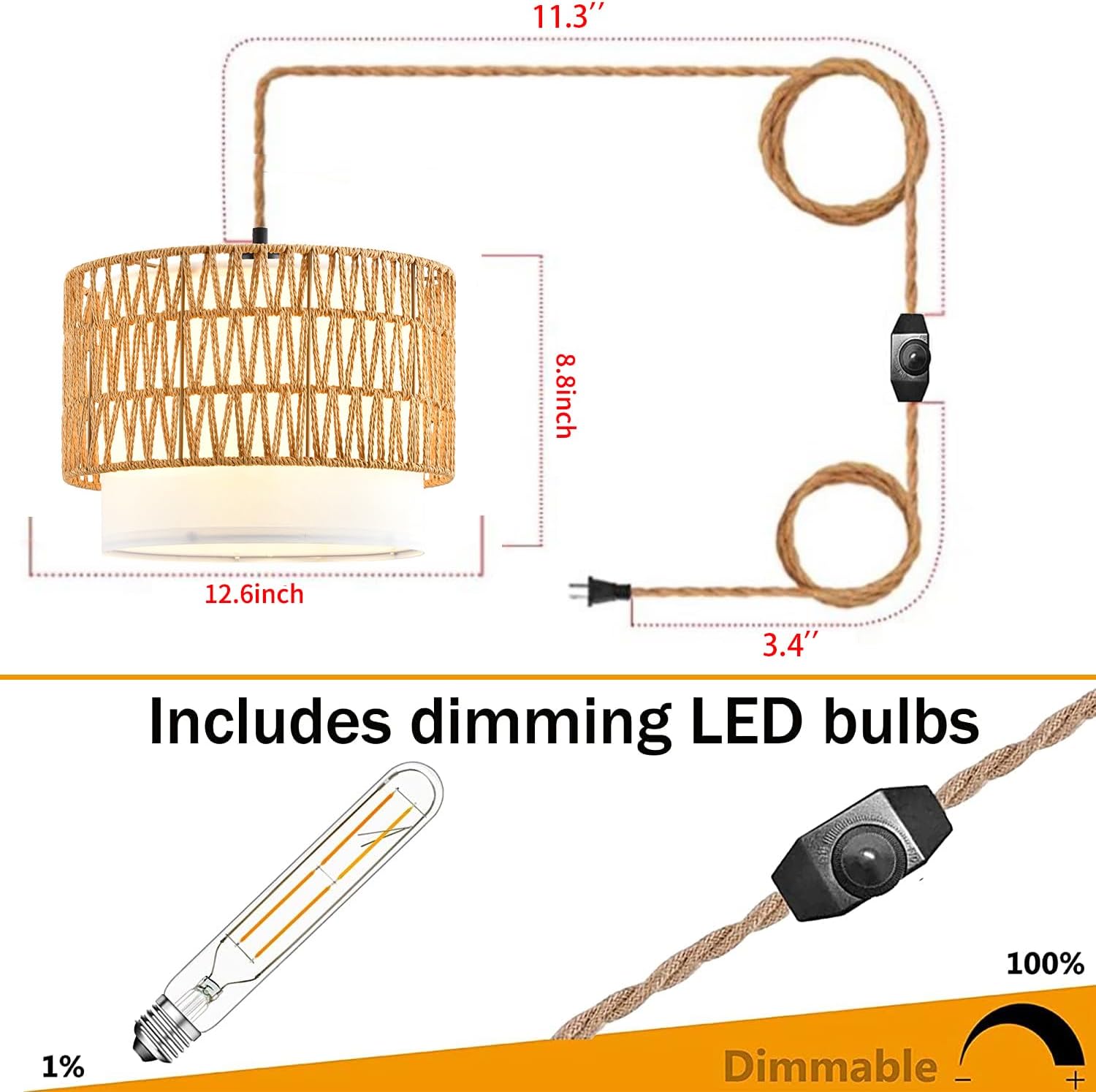 Boho Plug in Pendant Light Rattan Hanging Lights with Plug in Cord,Indoor Hanging Lamp with Dimmer Switch,Wicker Bamboo Woven LampShade Hanging Lamp Plug in for Bedroom Living Room Kitchen Island - Grand Goldman