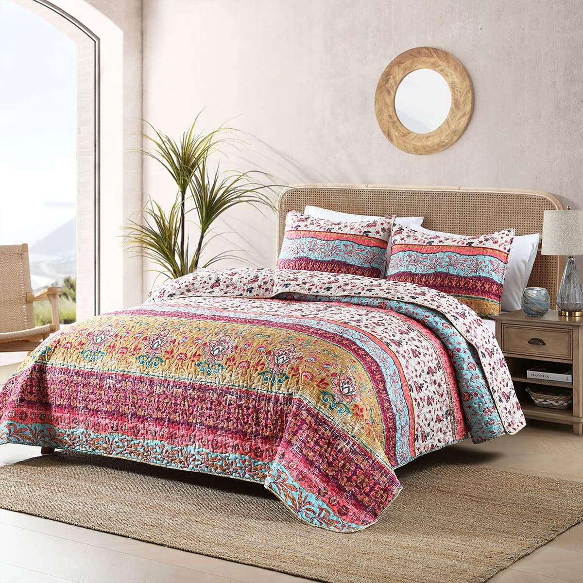 Boho Style Queen Quilt Set Reversible Bohemian Floral Strip Quilt Beddding Set, Soft and Lightweight Bedspread for All Season, Full Size Bed Coverlet with 2 Matching Pillow Shams (3 Pieces) - Grand Goldman
