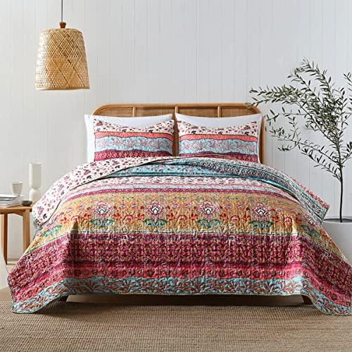 Boho Style Queen Quilt Set Reversible Bohemian Floral Strip Quilt Beddding Set, Soft and Lightweight Bedspread for All Season, Full Size Bed Coverlet with 2 Matching Pillow Shams (3 Pieces) - Grand Goldman