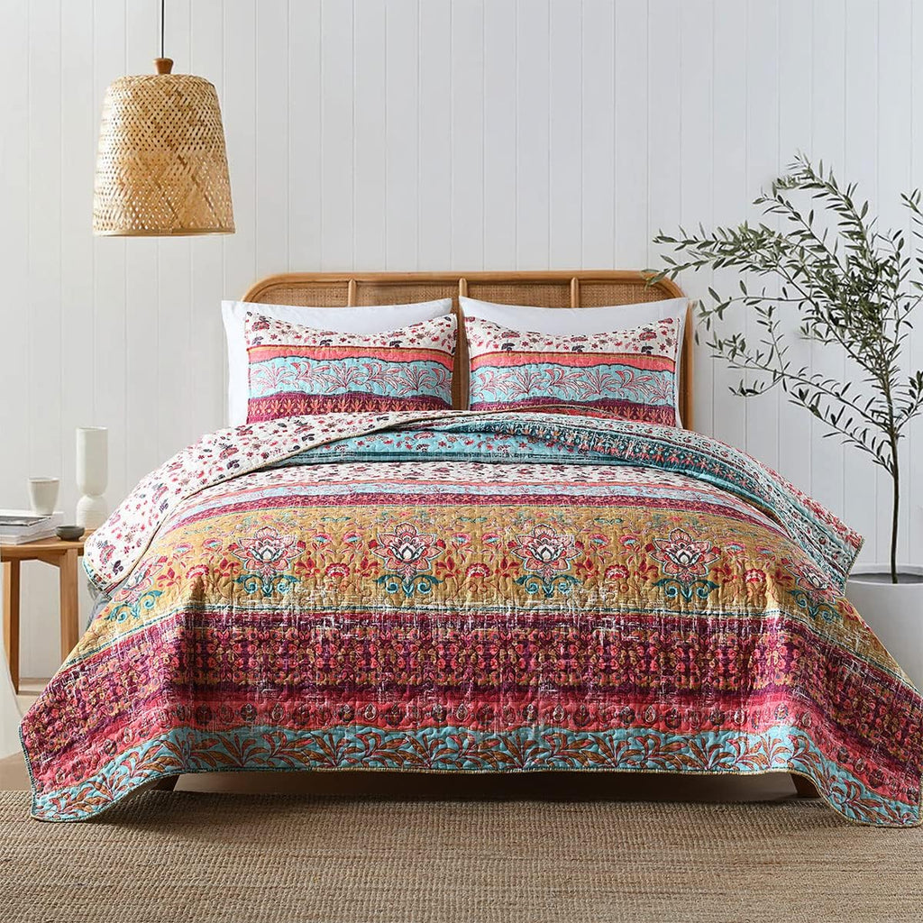 Boho Style Queen Quilt Set Reversible Bohemian Floral Strip Quilt Beddding Set, Soft and Lightweight Bedspread for All Season, Full Size Bed Coverlet with 2 Matching Pillow Shams (3 Pieces) - Grand Goldman
