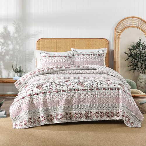 Boho Style Queen Quilt Set Reversible Bohemian Floral Strip Quilt Beddding Set, Soft and Lightweight Bedspread for All Season, Full Size Bed Coverlet with 2 Matching Pillow Shams (3 Pieces) - Grand Goldman
