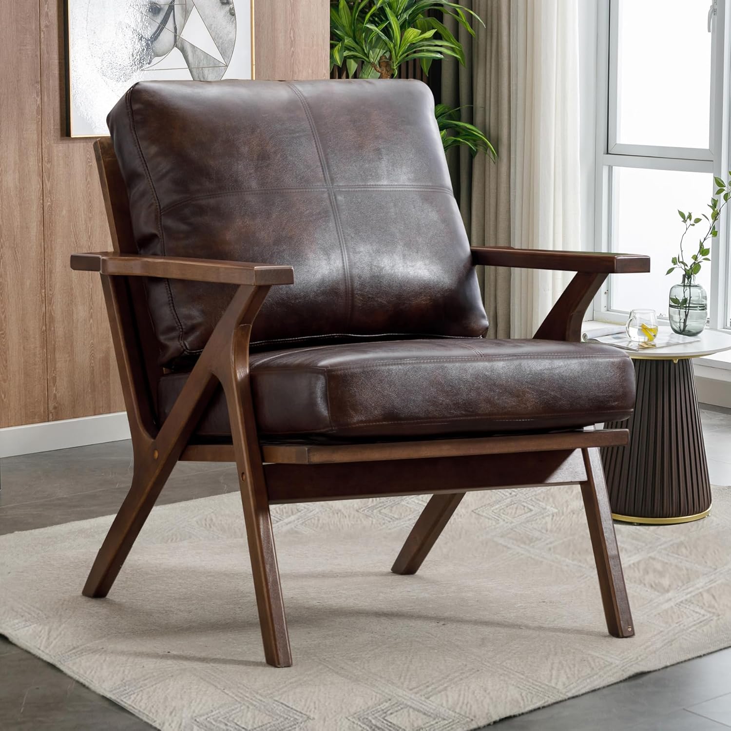 Bonzy Home Accent Chairs for Living Room,PU Leather Mid Century Modern Wood Reading Armchair with Removable Upholstered Cushions - Grand Goldman