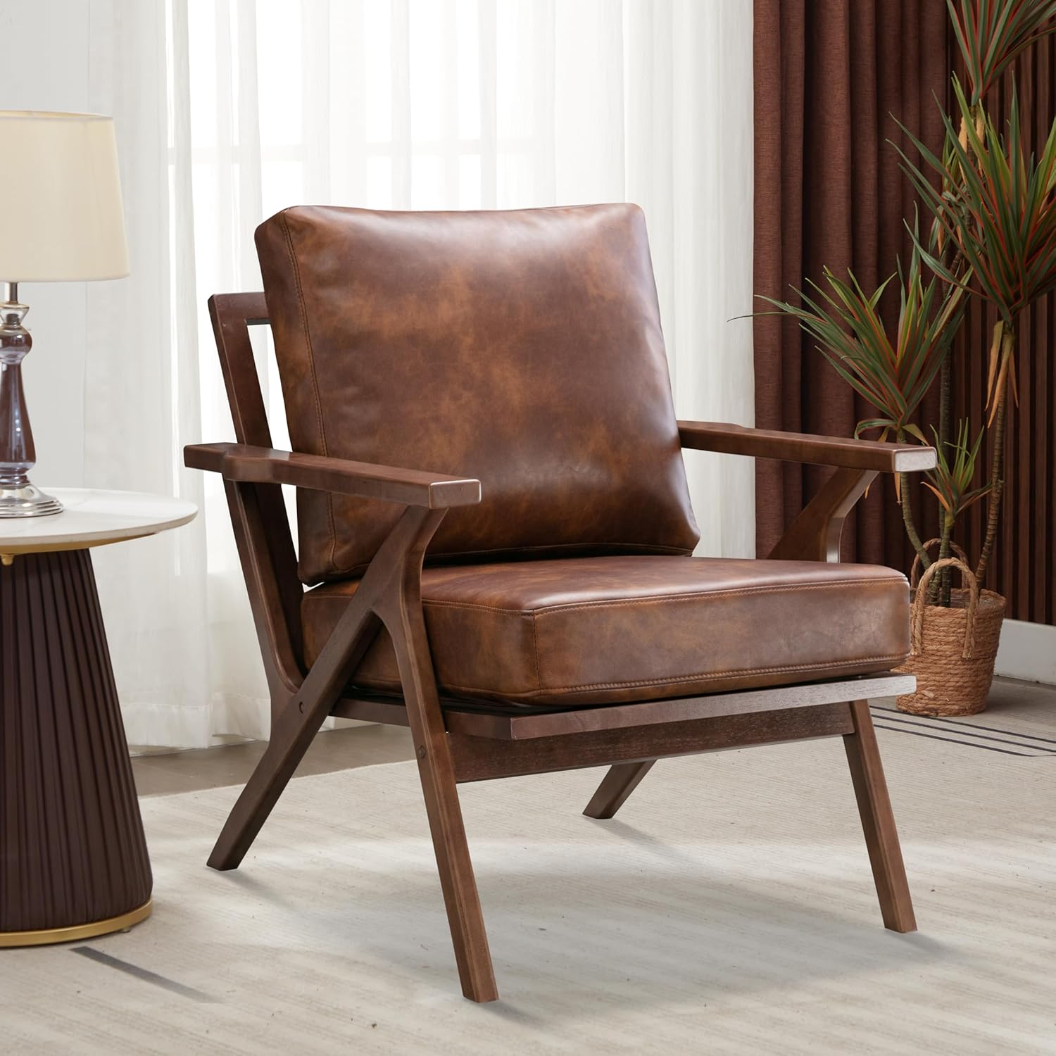 Bonzy Home Accent Chairs for Living Room,PU Leather Mid Century Modern Wood Reading Armchair with Removable Upholstered Cushions - Grand Goldman