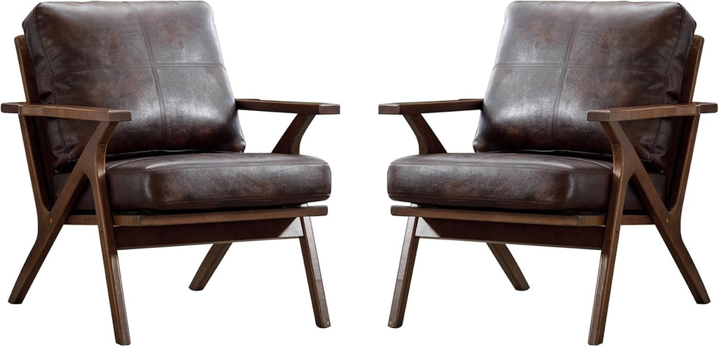 Bonzy Home Accent Chairs for Living Room,PU Leather Mid Century Modern Wood Reading Armchair with Removable Upholstered Cushions - Grand Goldman