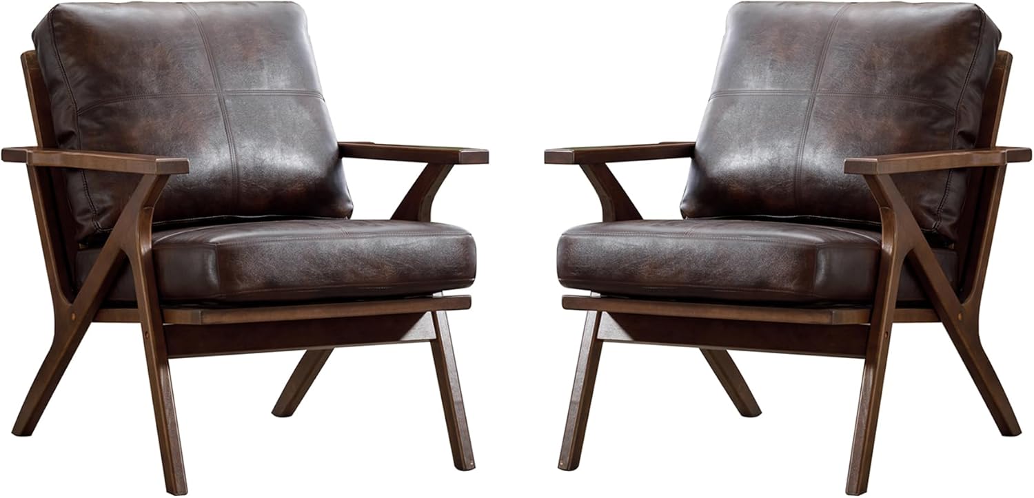 Bonzy Home Accent Chairs for Living Room,PU Leather Mid Century Modern Wood Reading Armchair with Removable Upholstered Cushions - Grand Goldman