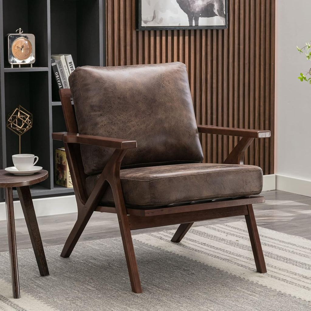 Bonzy Home Accent Chairs for Living Room,PU Leather Mid Century Modern Wood Reading Armchair with Removable Upholstered Cushions - Grand Goldman