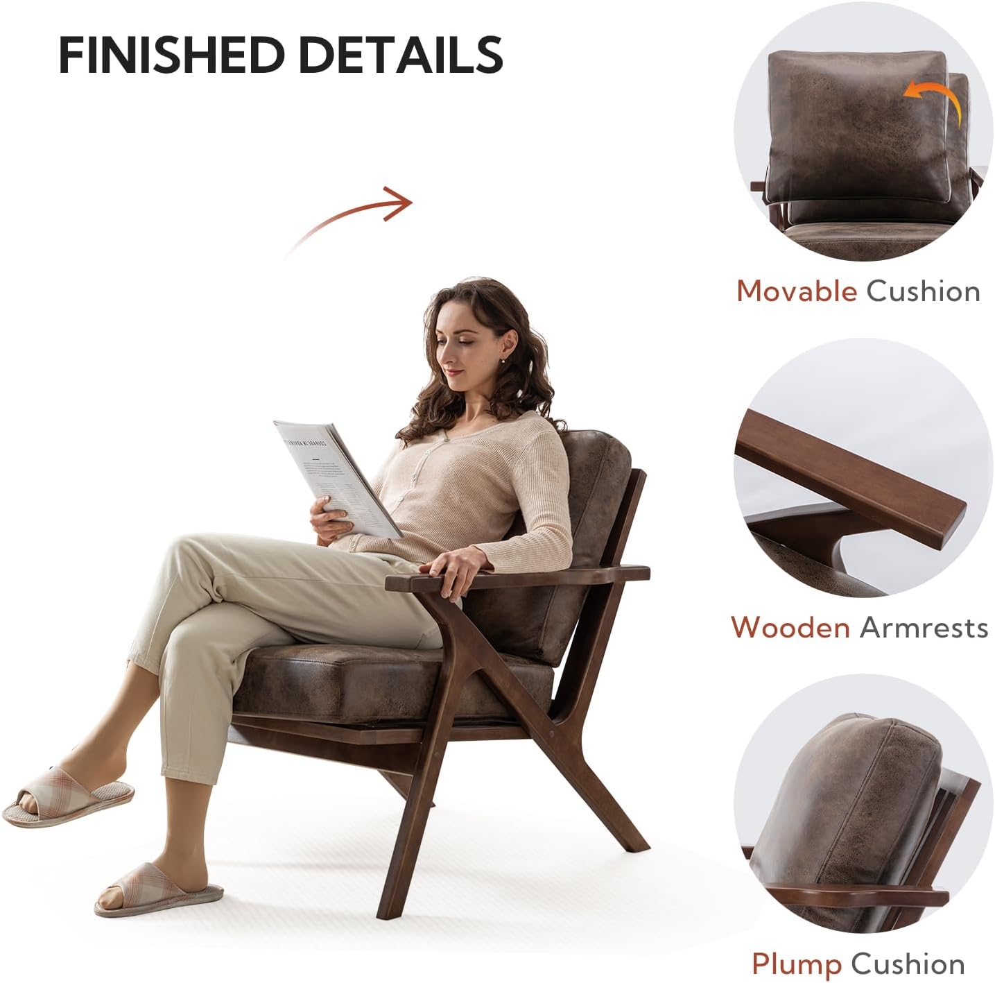 Bonzy Home Accent Chairs for Living Room,PU Leather Mid Century Modern Wood Reading Armchair with Removable Upholstered Cushions - Grand Goldman