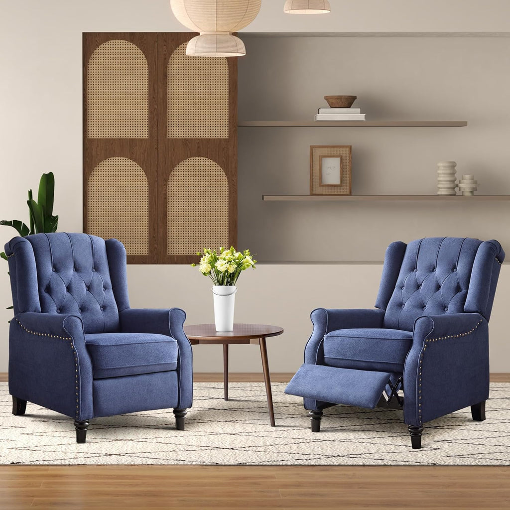 Bonzy Home Wingback Chairs Set of 2, Mid Century Modern Living Room Chairs, Fabric Push Back Recliner Chair with Rivet Decoration, Button-Tufted Back, Solid Wood Legs, Blue - Grand Goldman