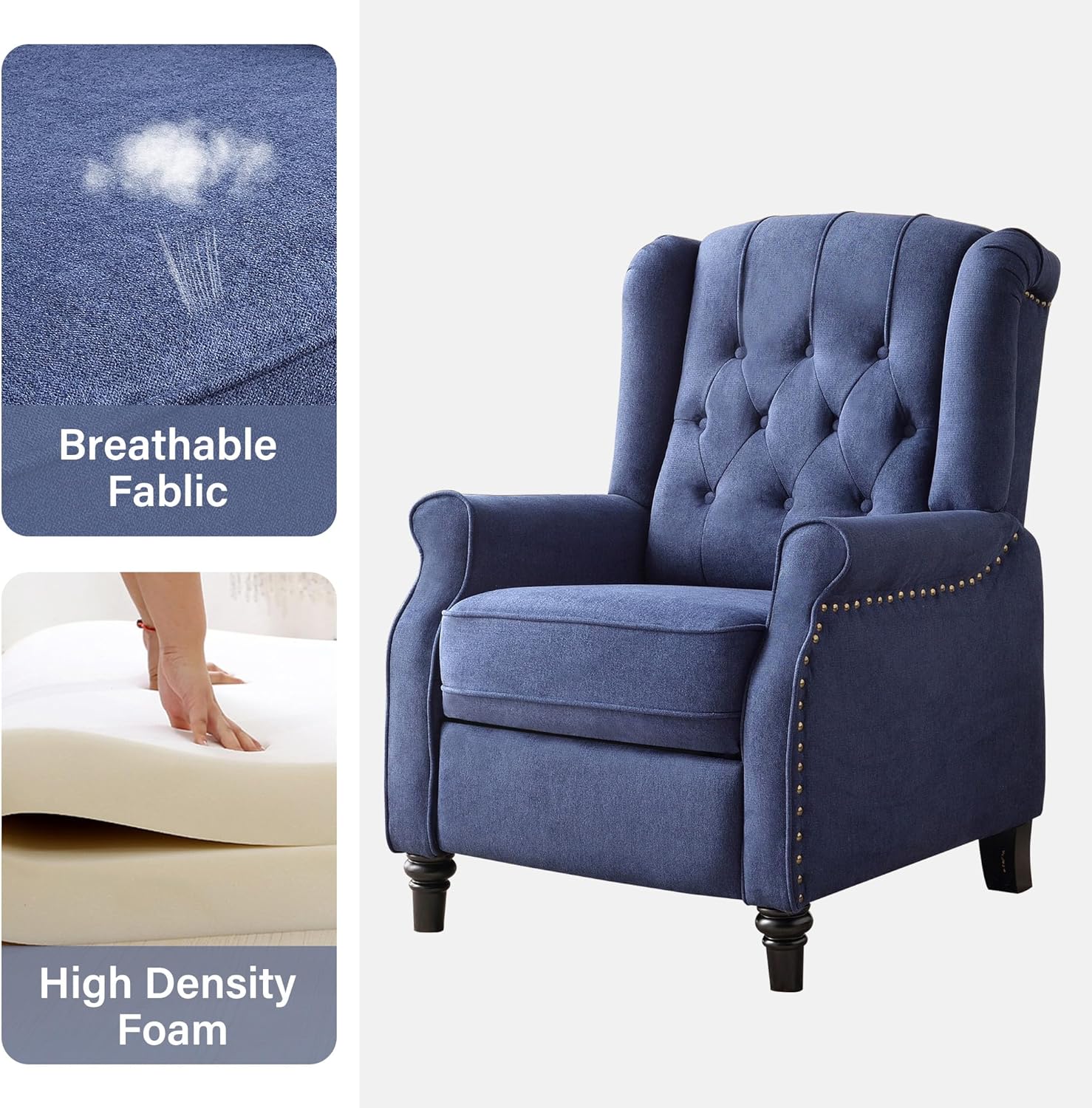 Bonzy Home Wingback Chairs Set of 2, Mid Century Modern Living Room Chairs, Fabric Push Back Recliner Chair with Rivet Decoration, Button-Tufted Back, Solid Wood Legs, Blue - Grand Goldman